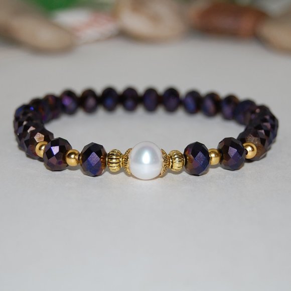 Pearl Bracelet,Purple Bracelet,8mm Purple Glass Beads,Bracelet Support,Awareness - Picture 2 of 3